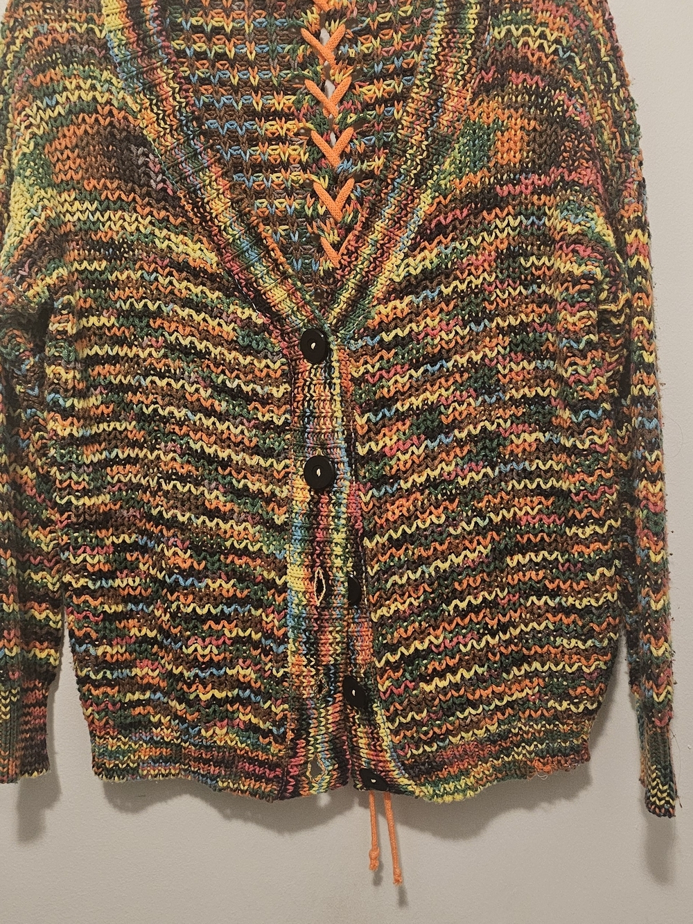 Vintage Lulumari Multicolor V-Neck Button Cardigan with Orange Accent